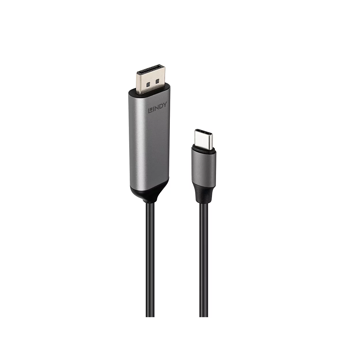 Grauer DisplayPort-zu-USB-C-Adapter mit schwarzem Kabel auf weißem Hintergrund.