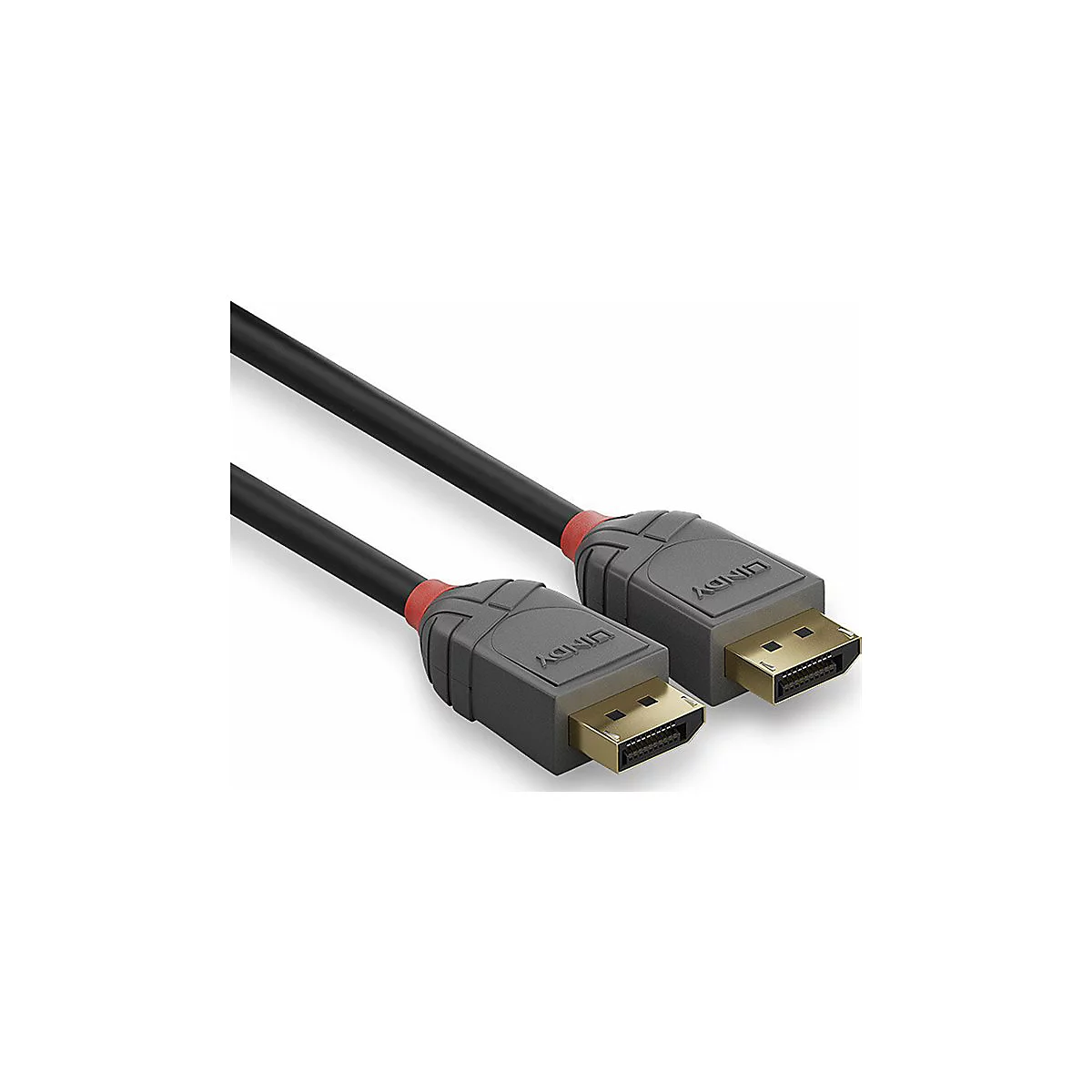 Schwarzes LINDY-Kabel mit grauen Steckern, roten Akzenten und goldenen Anschlüssen, die auf weißem Hintergrund liegen.