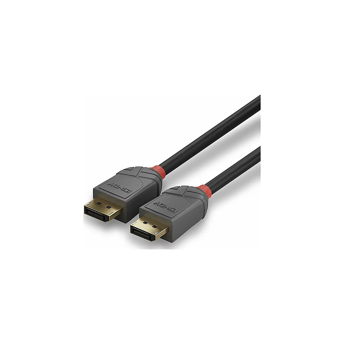 Zwei schwarze DisplayPort-Kabel mit grauen Steckern, goldfarbenen Anschlüssen und rotem Akzent.