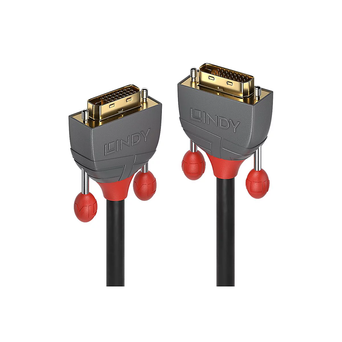 Zwei DVI-Kabel mit grauen und roten Anschlüssen. Der Schriftzug "LINDY" ist auf den Anschlüssen zu sehen.