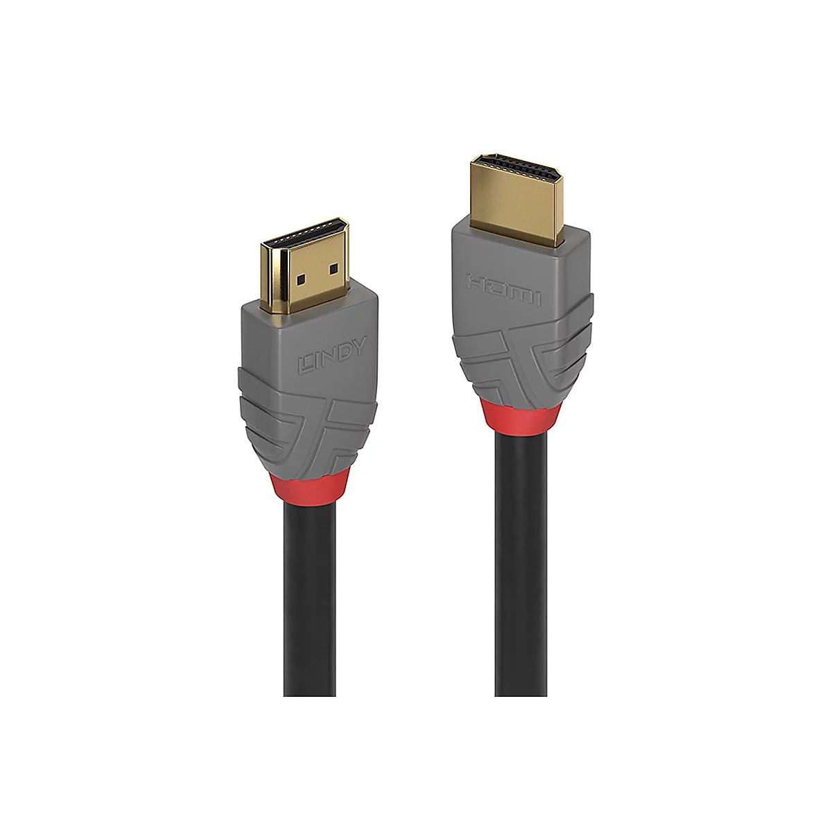 Zwei HDMI-Kabel, eines mit Lindy-Schriftzug und ein weiteres mit HDMI-Schriftzug. Beide haben graue Gehäuse mit roter Markierung und goldfarbenen Anschlüssen.