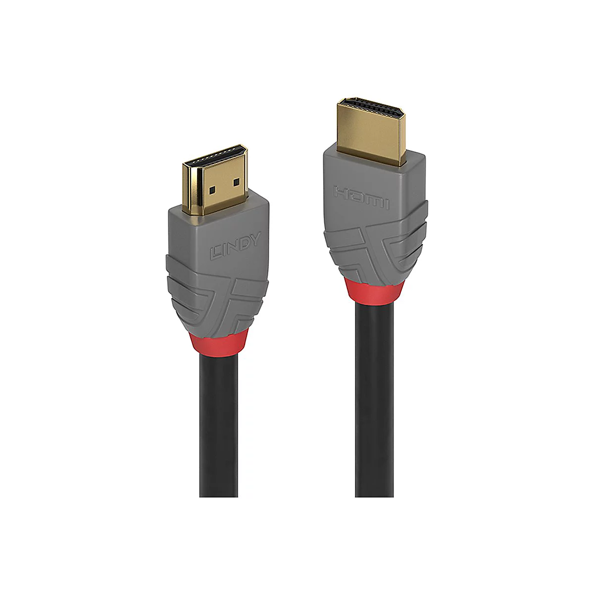 Zwei HDMI-Kabel nebeneinander; graue Stecker mit roten Akzenten, schwarze Kabel.
