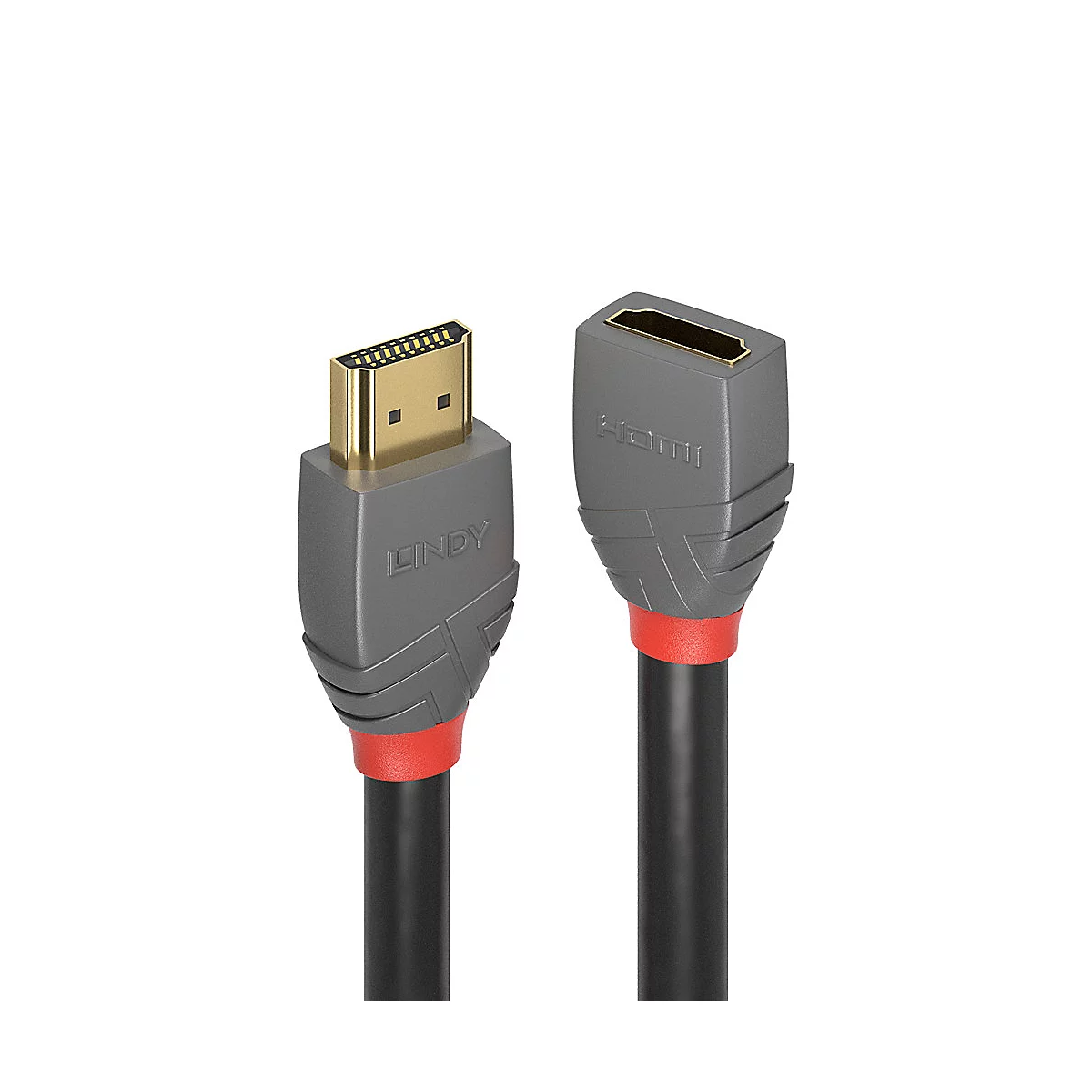 Ein graues HDMI-Kabel mit roten Akzenten. Der Stecker ist goldfarben, das Kabel schwarz.