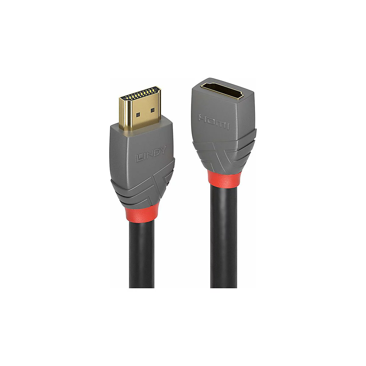 Zwei HDMI-Kabel, eines mit Lindy-Logo und das andere mit HDMI-Logo. Graue Stecker mit rotem Ring, schwarze Kabel.