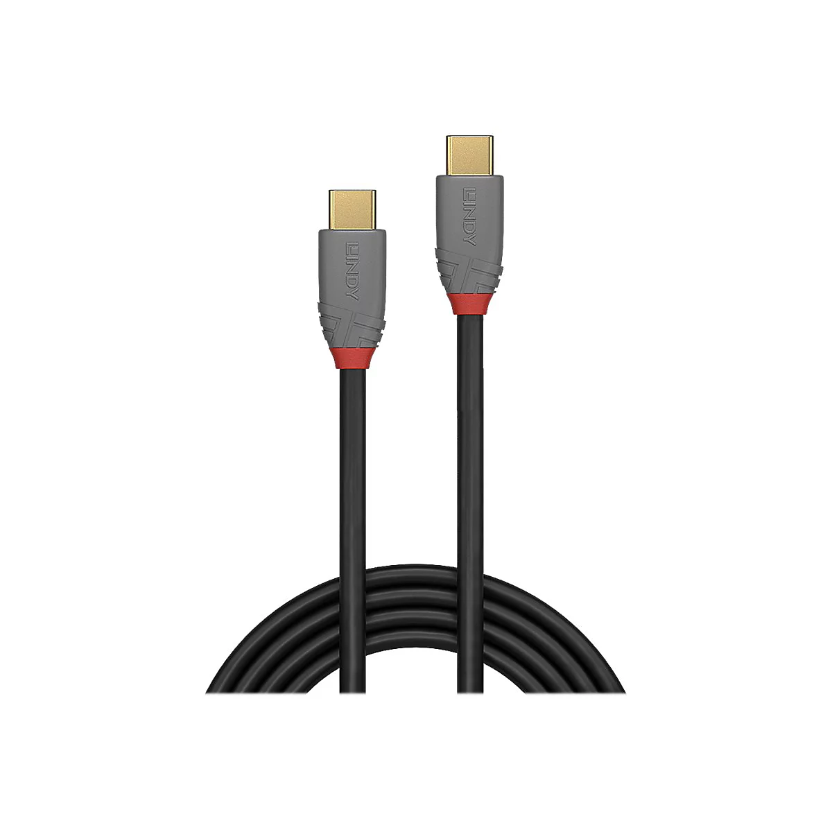 Zwei schwarze USB-C-Kabel nebeneinander mit grauen Anschlüssen, roten Akzenten und goldfarbenen Steckern. Kabel sind gewickelt, weißer Hintergrund.
