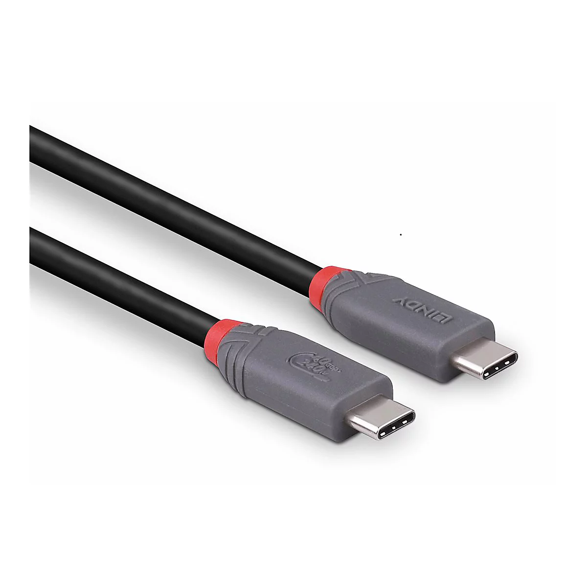 Schwarzes USB-C-Kabel mit grauen Steckern, roter Akzent und "LINDY"-Logo.