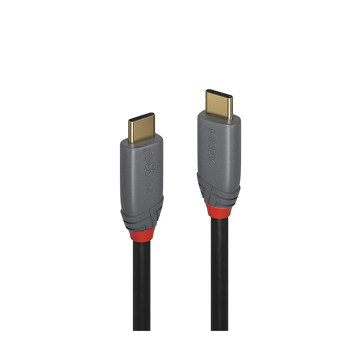 Zwei USB-C-Kabel, grau und schwarz. Die Stecker sind golden, ein Kabel hat einen LINDY-Aufdruck.