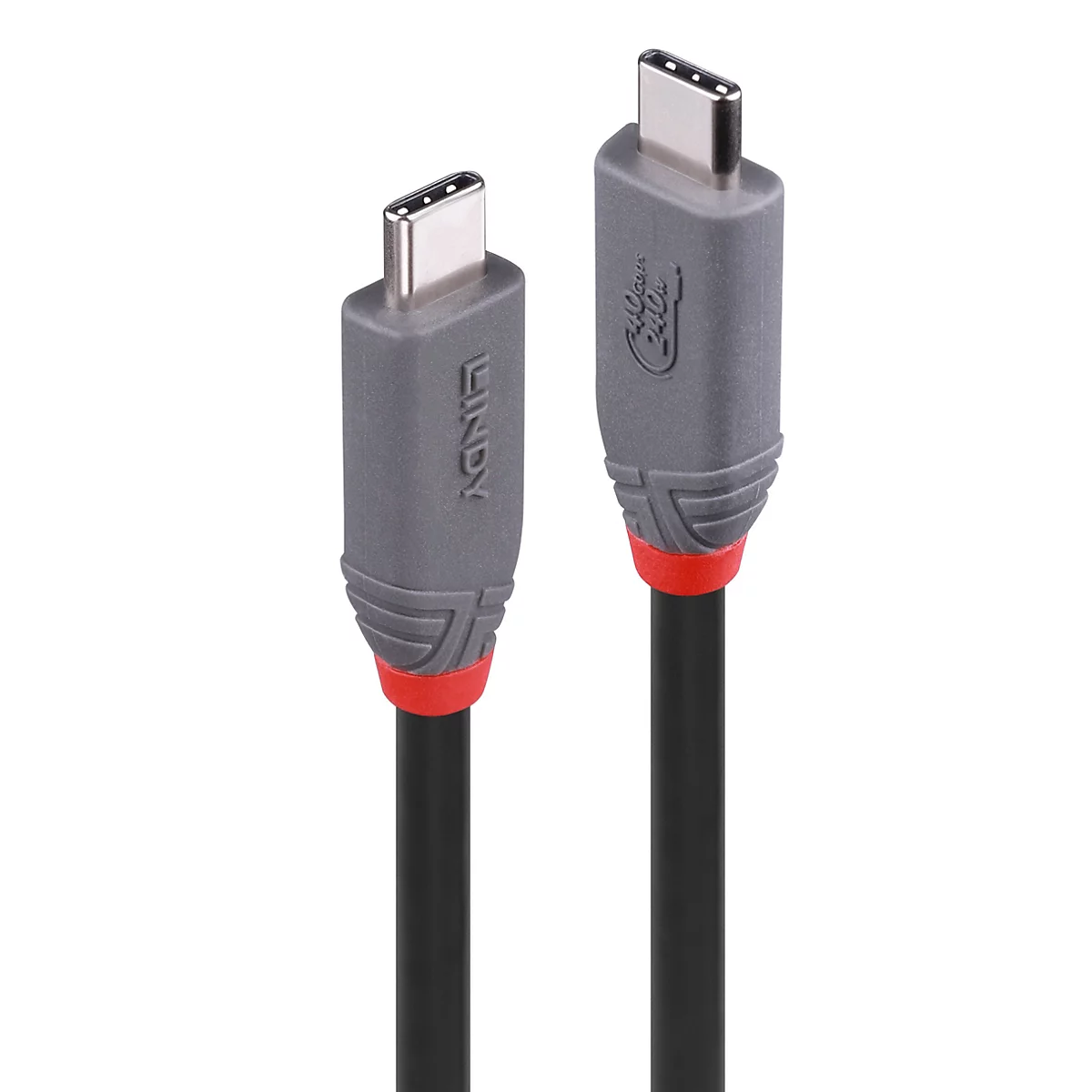 Zwei USB-C-Kabel nebeneinander. Die Stecker sind grau mit roter Akzentfarbe. Schwarze Kabel.