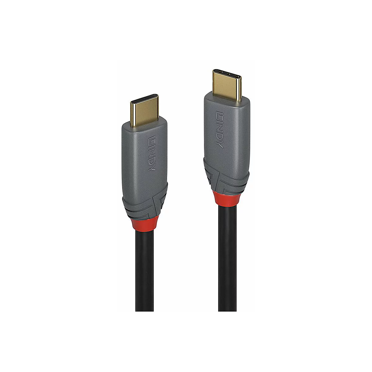 Zwei USB-C-Kabel nebeneinander. Graue Stecker mit goldenen Anschlüssen und roter Akzent am schwarzen Kabel.