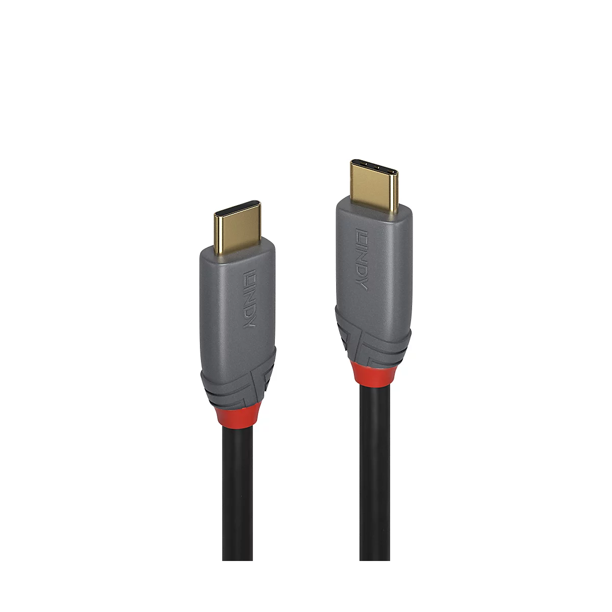 Zwei USB-C-Kabel nebeneinander. Graue Stecker mit rotem Ring und LINDY-Logo, goldfarbene Kontakte.