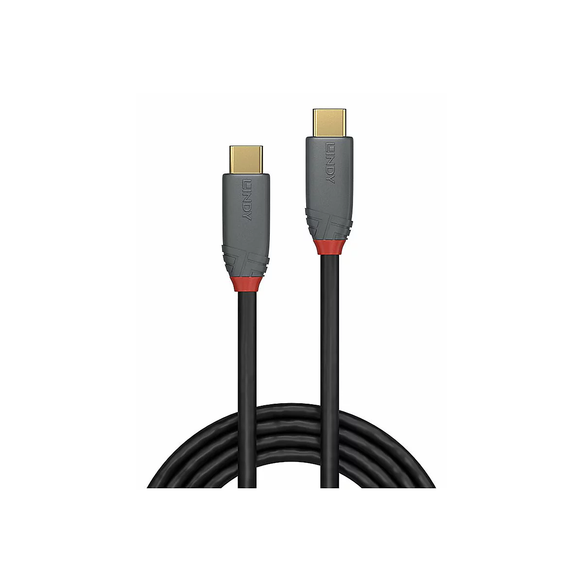 Zwei schwarze USB-C-Kabel mit grauen und roten Akzenten; das Lindy-Logo ist aufgedruckt.