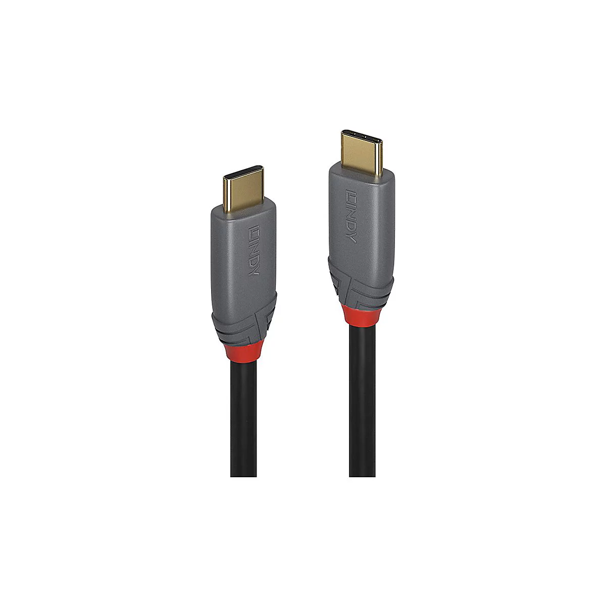 Zwei USB-C-Kabel nebeneinander. Graue Gehäuse mit rotem Akzent, goldfarbener Stecker, schwarzes Kabel. Der Schriftzug 'LINDY' ist sichtbar.