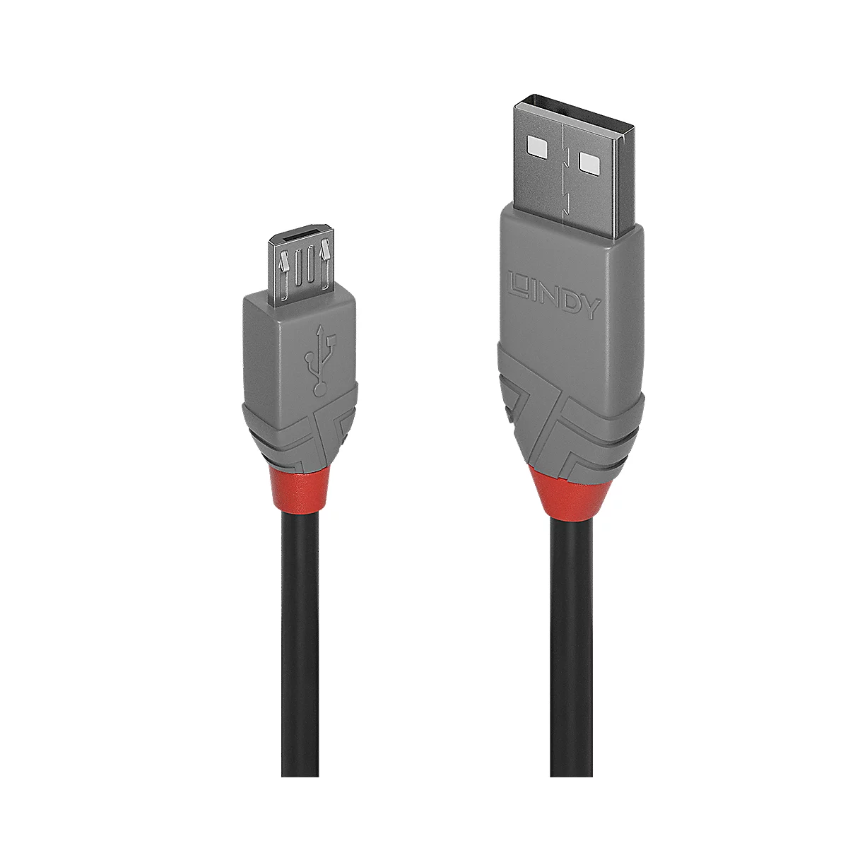 Ein graues USB-Kabel mit rotem Akzent. Auf dem Stecker steht "LINDY".