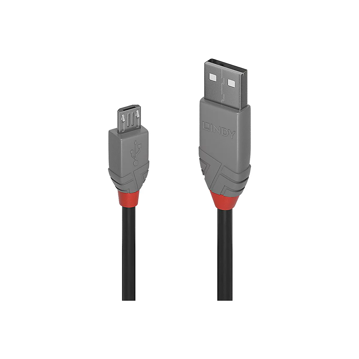 Graues Ladekabel mit roten Akzenten. Ein USB-A- und ein Micro-USB-Anschluss sind zu sehen. Auf dem USB-A-Anschluss steht 'LINDY'.