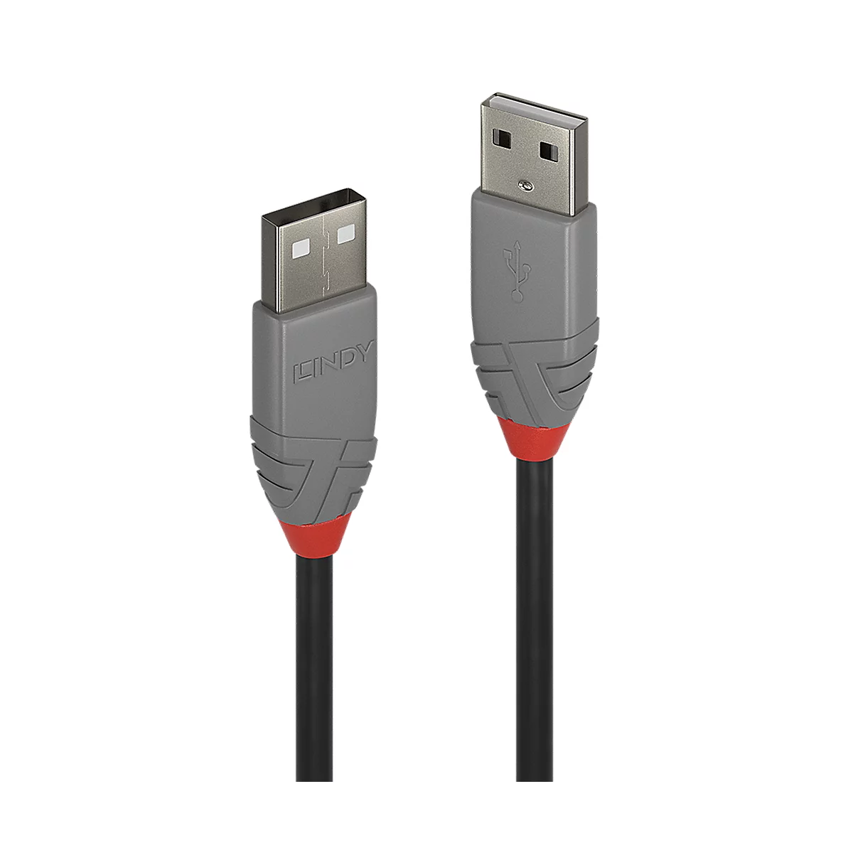 Ein USB-Kabel mit grauen Enden, roter Akzentfarbe und dem Schriftzug LINDY. Die Enden sind in Richtung Kamera geneigt.