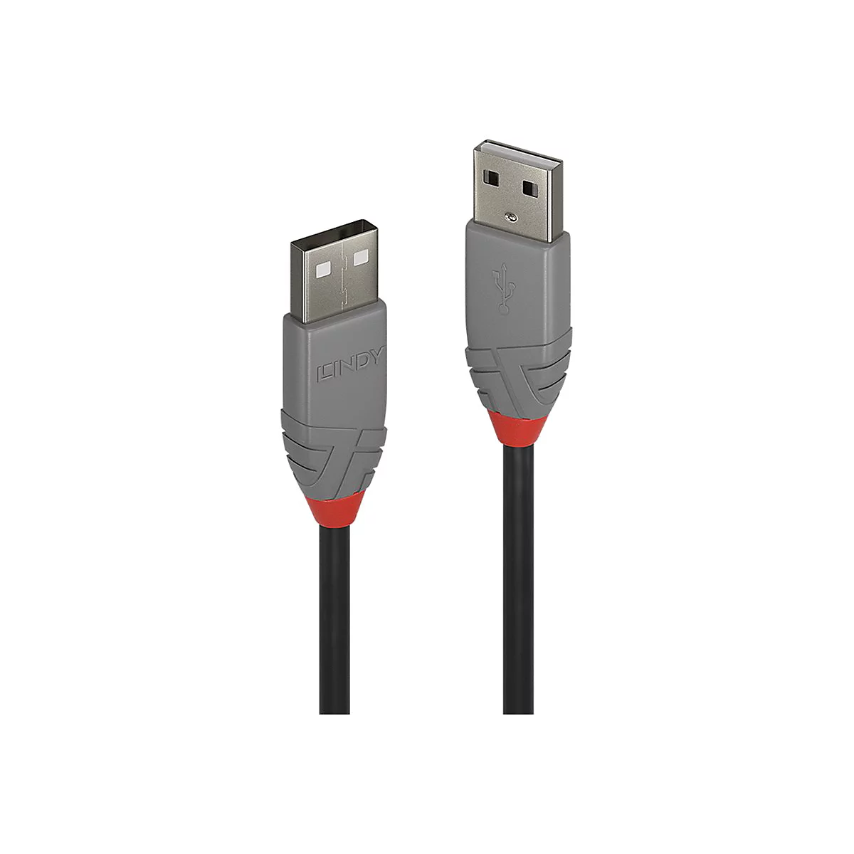 Zwei USB-Kabel: grau-schwarze Stecker, roter Akzent, schwarzes Kabel. Aufschrift 'LINDY'.