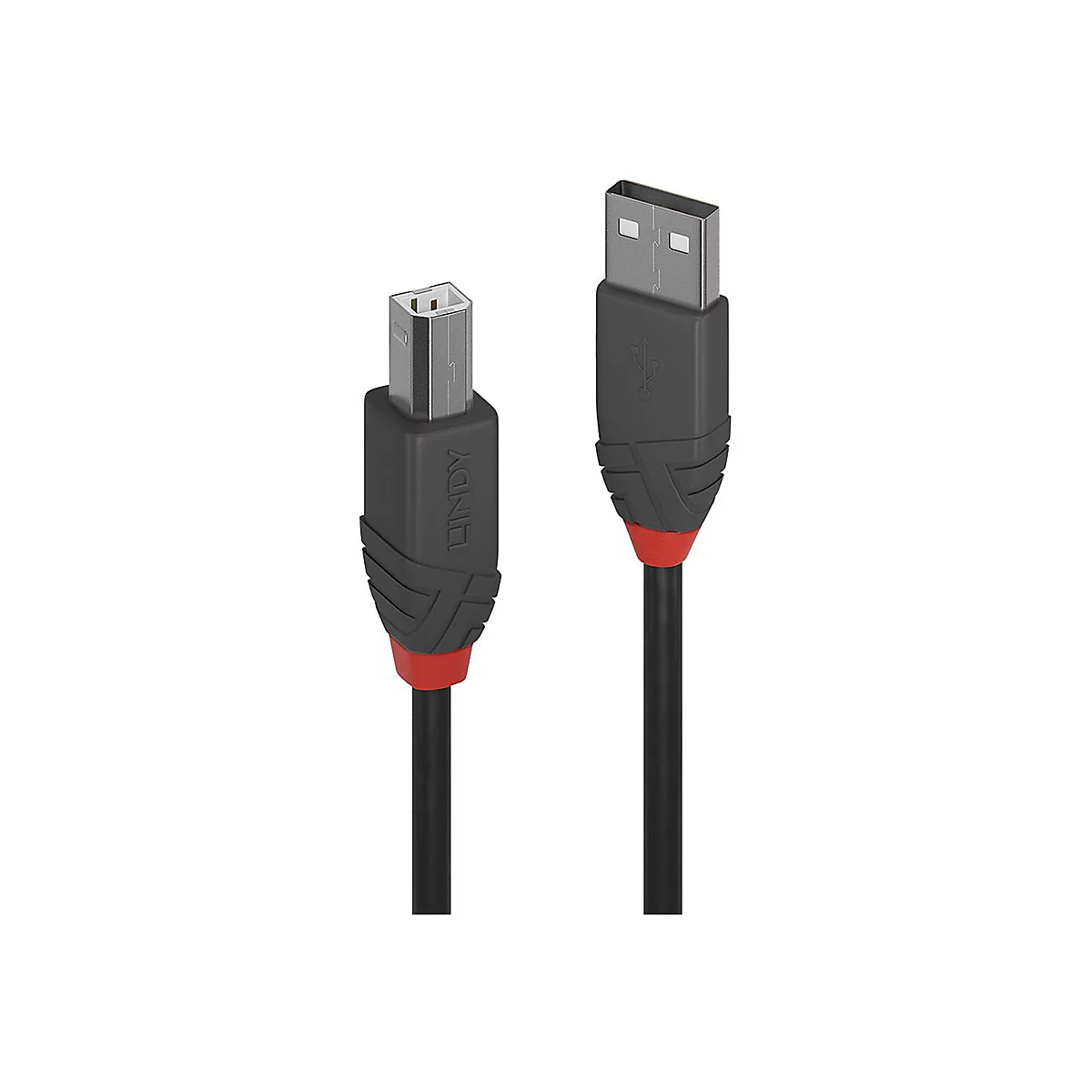 Zwei schwarze USB-Kabel von LINDY, roter Akzent am Stecker. Links USB-B Stecker, rechts USB-A.
