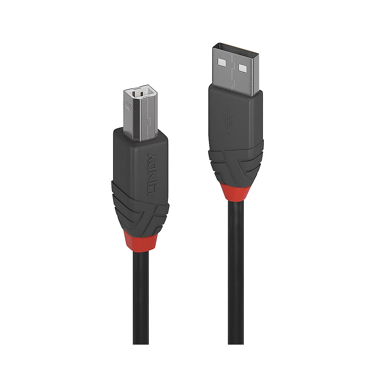 Schwarzes USB-Kabel mit roten Akzenten. USB-A- und USB-B-Stecker, Marke LINDY auf dem einen Stecker.