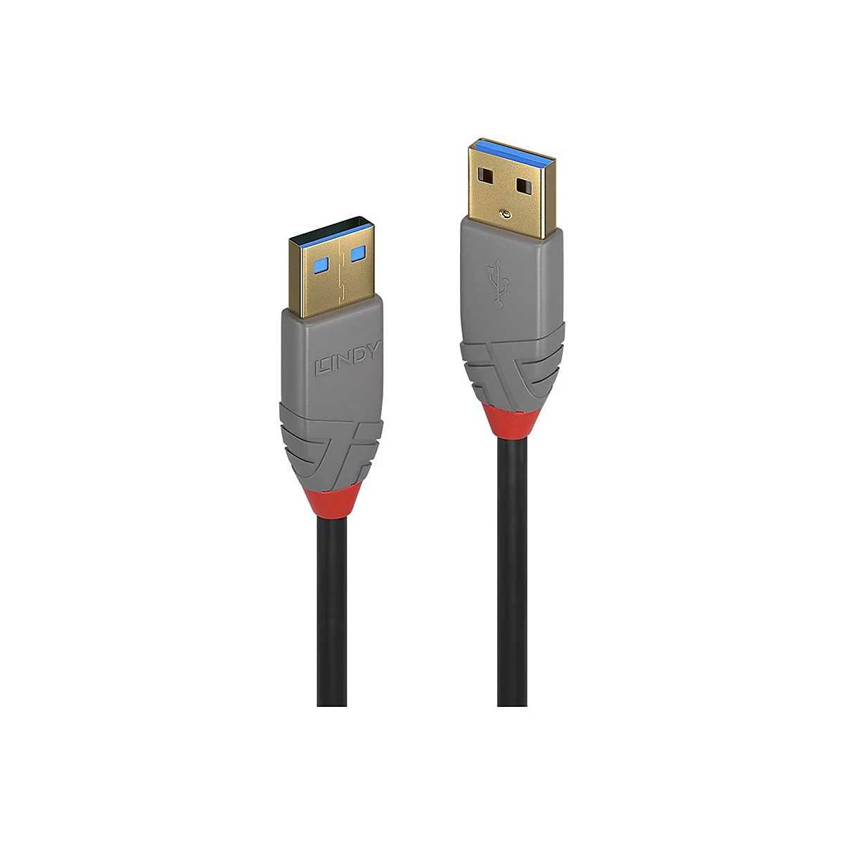 Zwei USB-Kabel mit grauen Gehäusen und schwarzen Kabeln. Stecker mit blauen und goldenen Kontakten.
