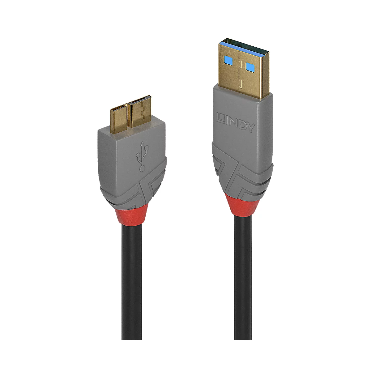 Ein USB-Kabel von LINDY, graue Stecker, goldene Kontakte, roter Akzent am Kabelansatz, schwarzes Kabel.