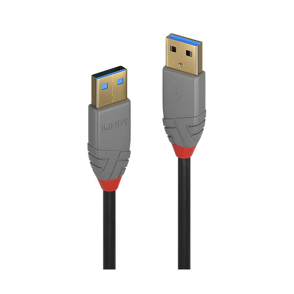 Zwei USB-A-auf-USB-A-Kabel mit grauen Gehäusen, roter Akzentfarbe und dem Schriftzug "LINDY". Der Hintergrund ist schwarz.