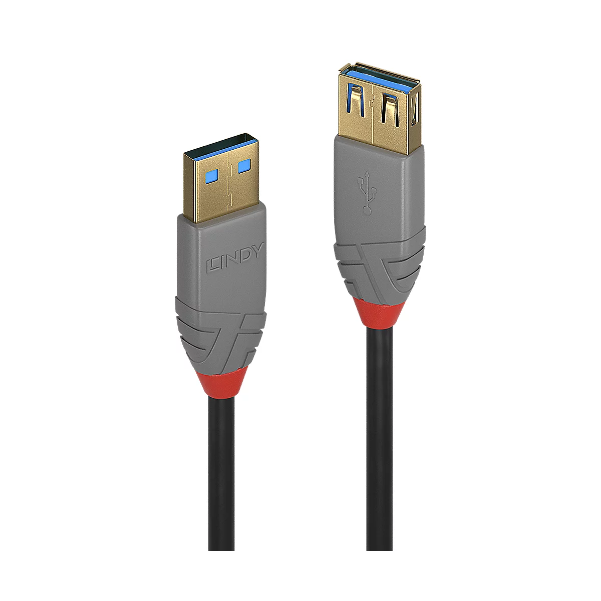 Zwei USB-A-auf-USB-A-Kabel mit grauen Gehäusen und roten Akzenten vor schwarzem Hintergrund.