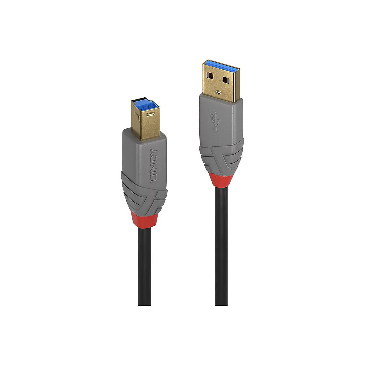 Zwei USB-Kabel mit grauen Steckern, roten Akzenten und schwarzen Kabeln. Ein Stecker mit „LINDY“.