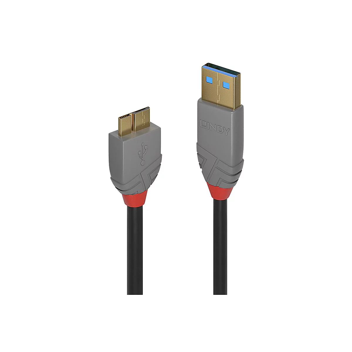Zwei USB-Kabel mit grauen Gehäusen und roten Akzenten vor weißem Hintergrund. Eines hat einen Typ-A-Anschluss, das andere einen Micro-USB-Anschluss.