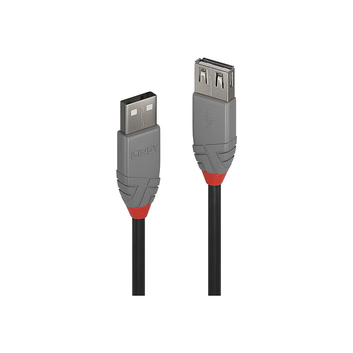 USB-Kabel, grau-rot-schwarz. LINDY Schriftzug auf dem Stecker.