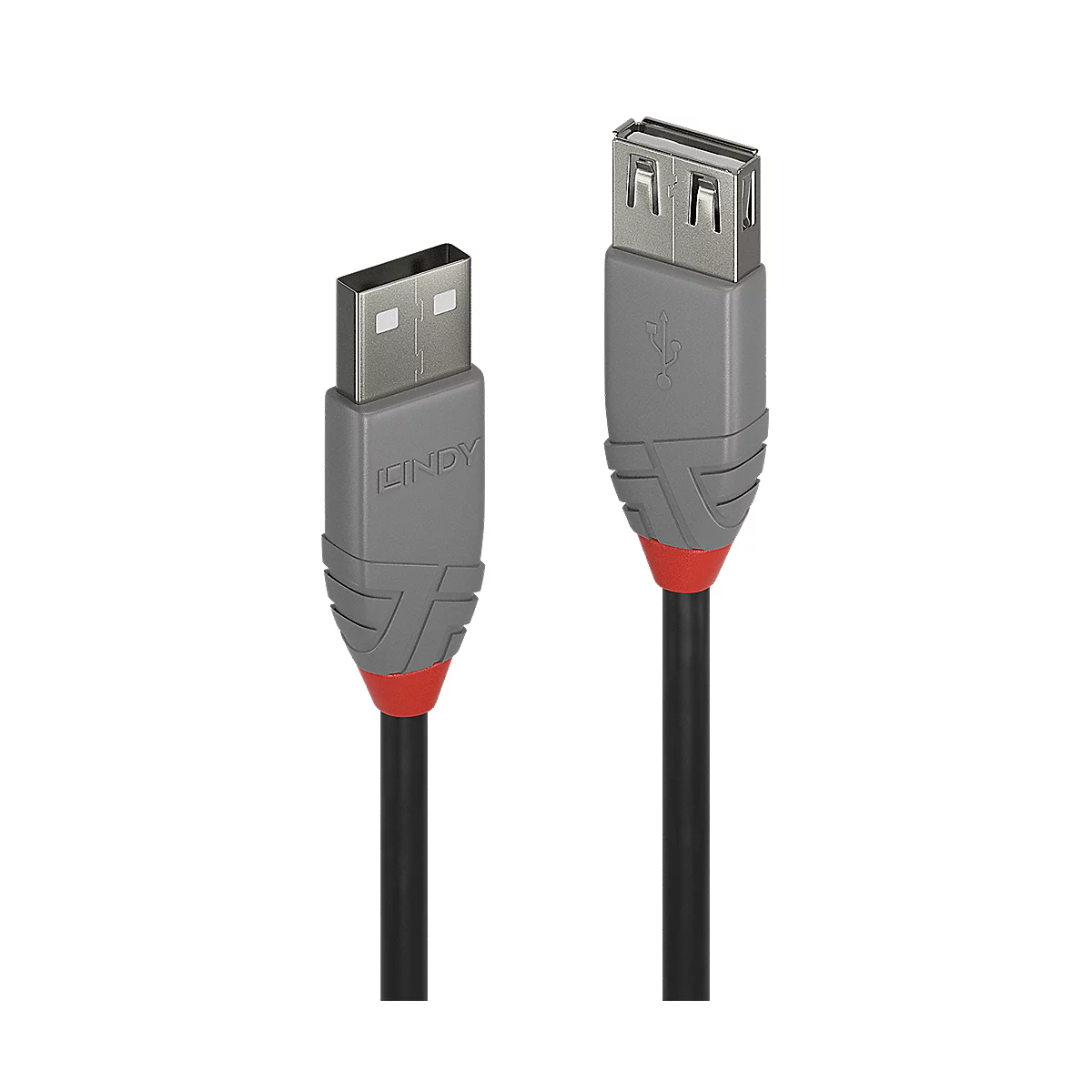 Zwei USB-Kabel mit grauen und roten Akzenten vor schwarzem Hintergrund. Auf einem Kabel steht "LINDY".