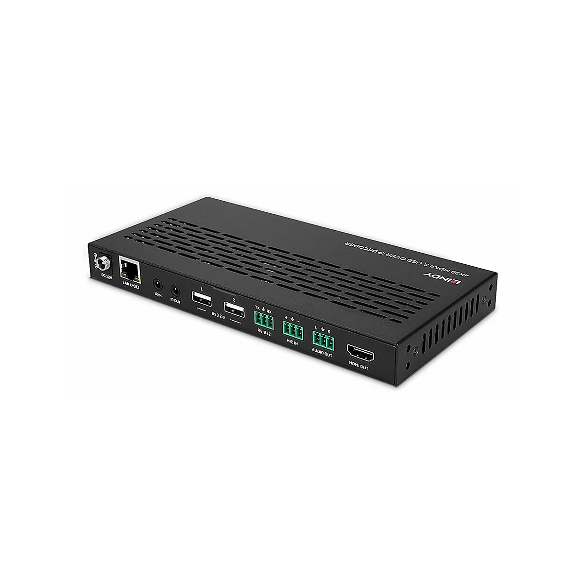 Schwarzer Lindy 4K30 HDMI & USB over IP Decoder mit verschiedenen Anschlüssen und Labels.