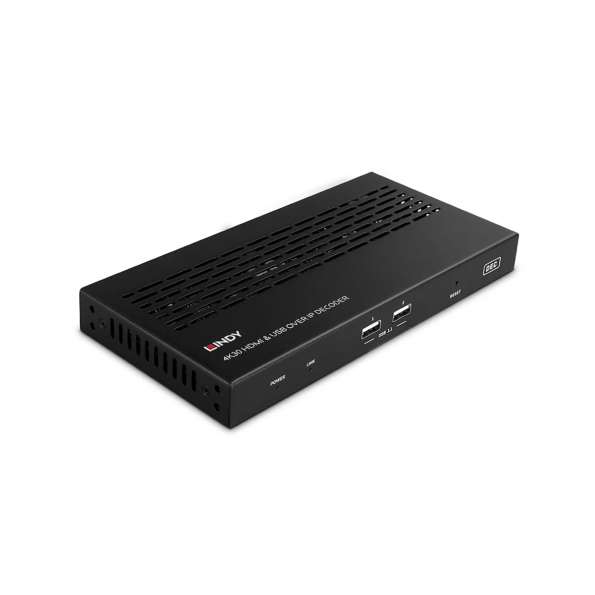 Schwarzer 4K30 HDMI & USB over IP Decoder mit Lüftungsschlitzen. Beschriftungen: Power, Link, Reset, USB 1.1.