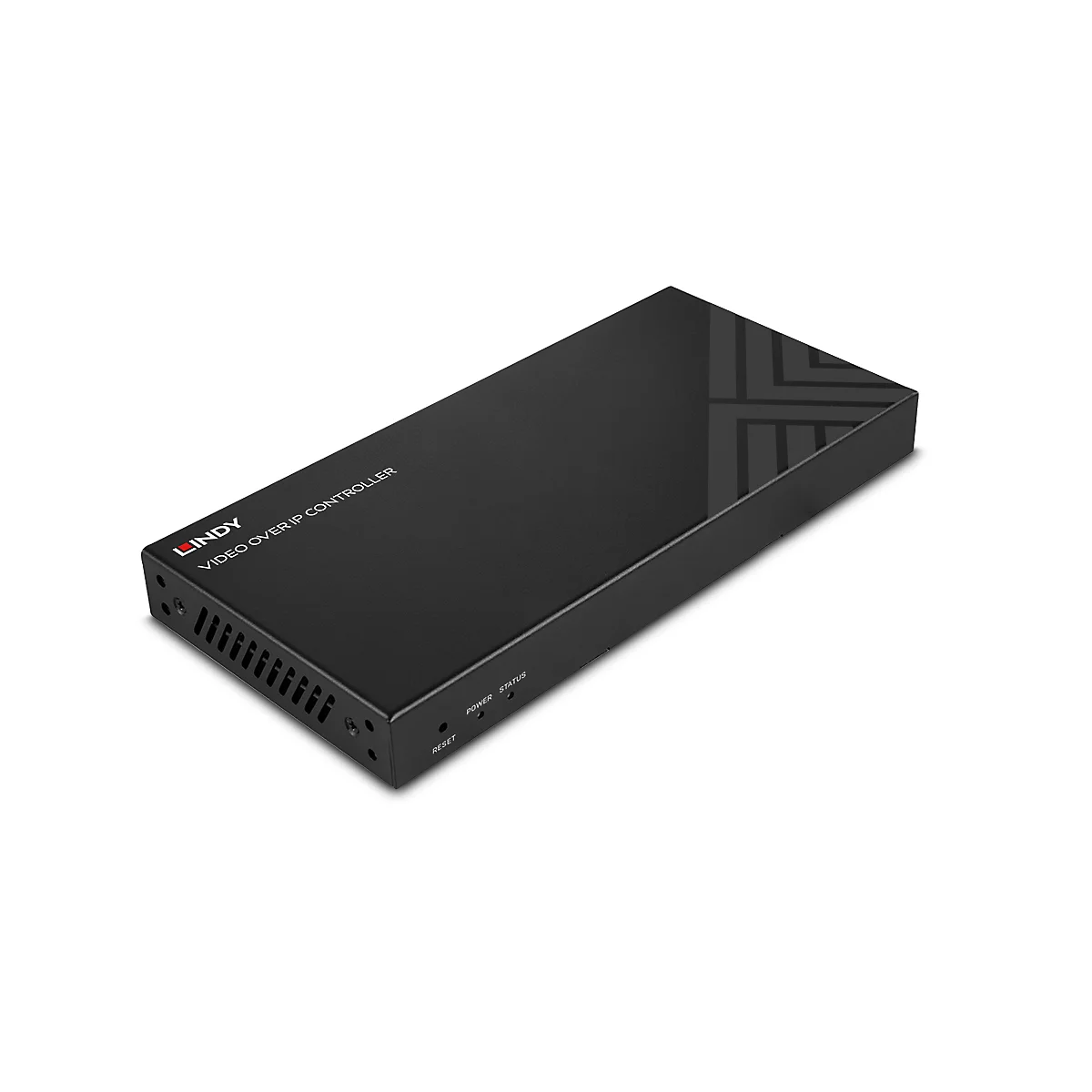 Schwarzer Lindy Video-over-IP-Controller. Oberseite mit Dekor, Power- und Status-LEDs, Text: Video over IP Controller.