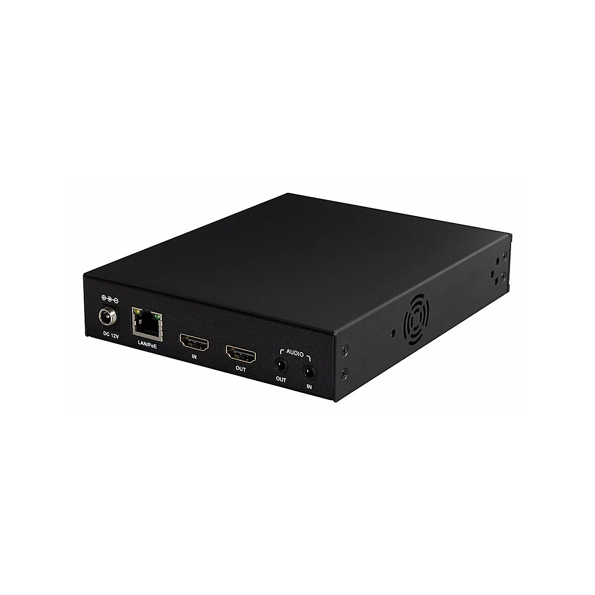 Schwarzer Netzwerk-Switch mit Anschlüssen für Strom, LAN/PoE, HDMI und Audio. Lüftungsschlitze auf einer Seite.