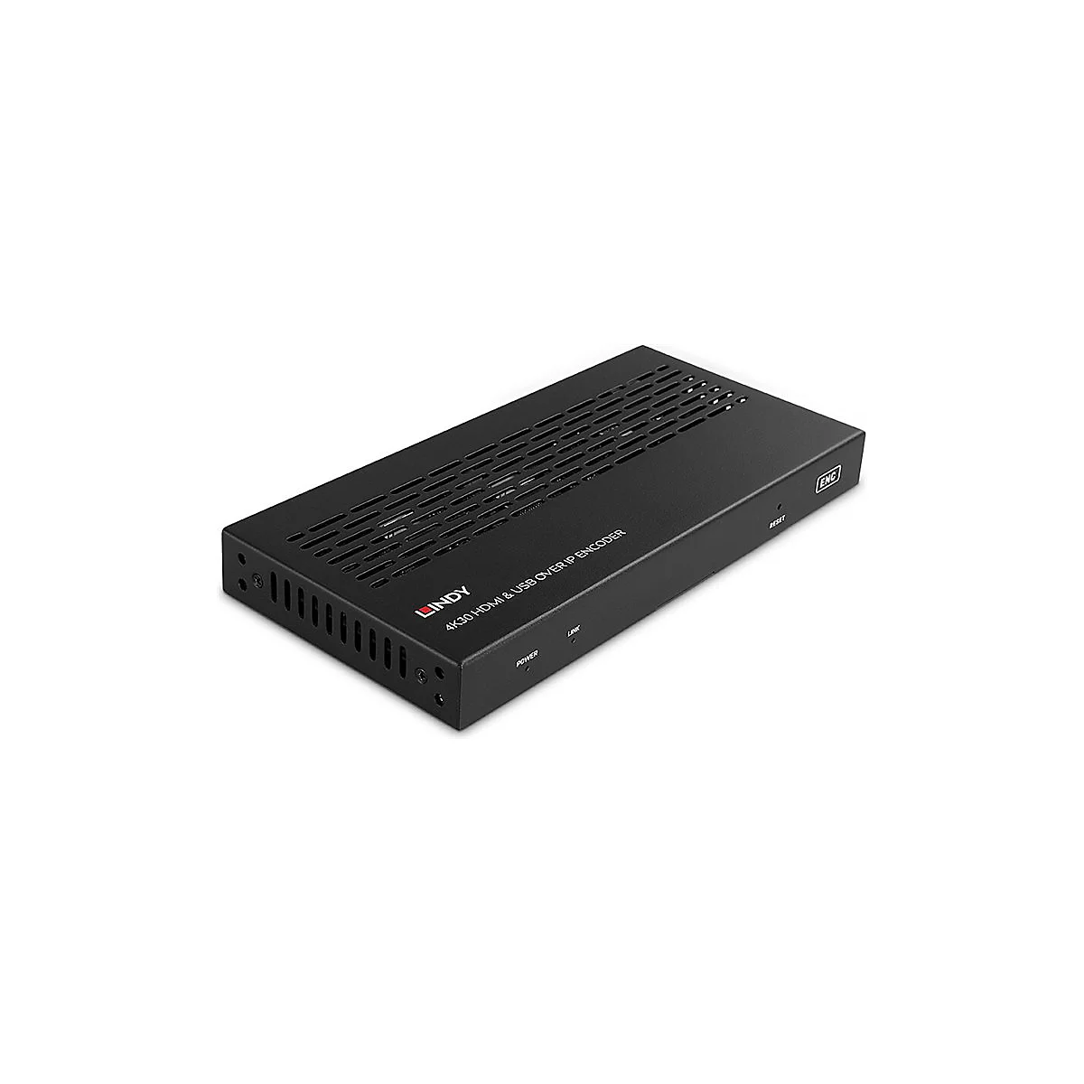 Schwarzer 4K30 HDMI & USB over IP Encoder. Aufschrift: LINDY, ENC, RESET, Power, Link.