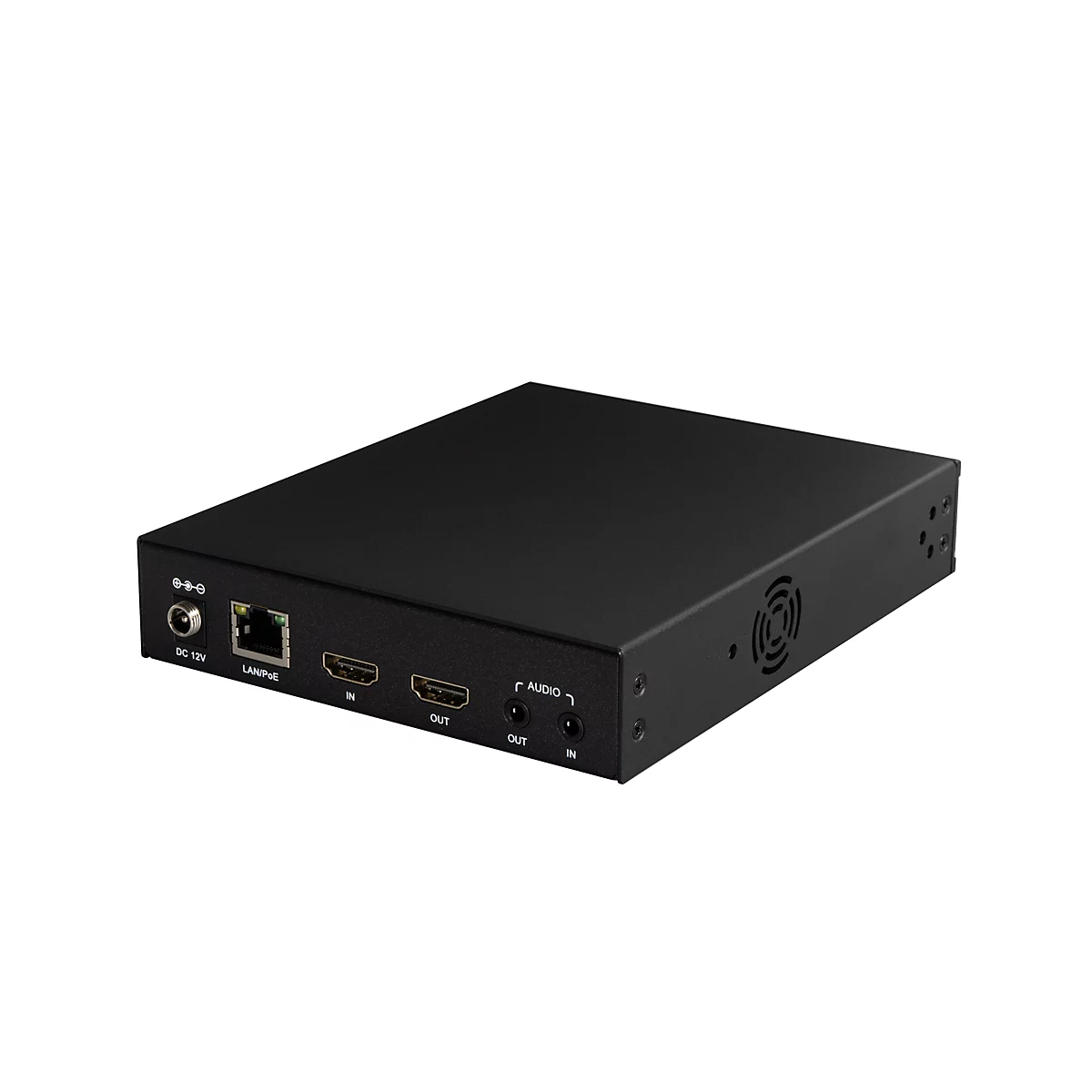 Schwarzer HDMI-Konverter mit Anschlüssen für Strom, Ethernet und Audio.