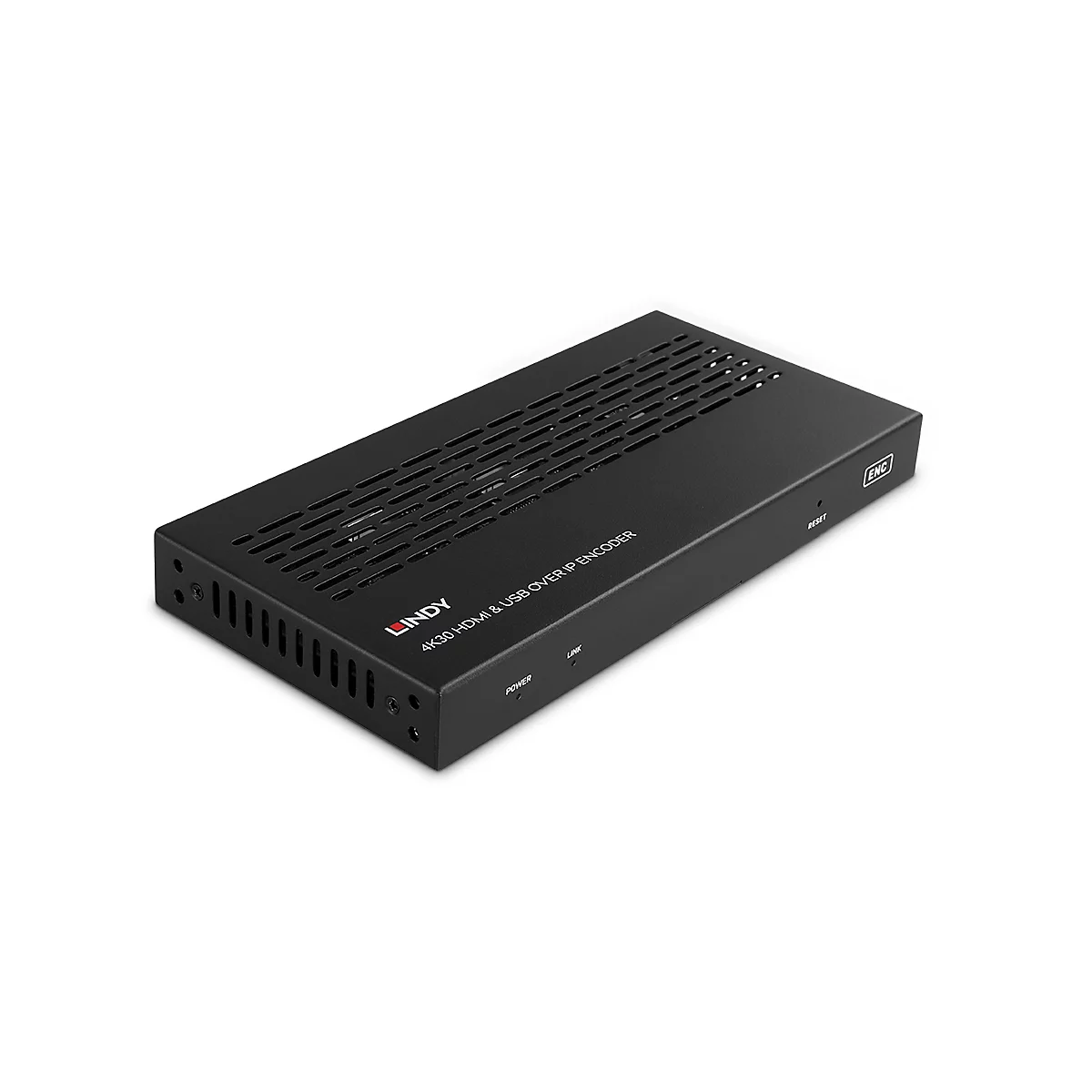Schwarzer Lindy 4K30 HDMI & USB over IP Encoder auf weißem Hintergrund.