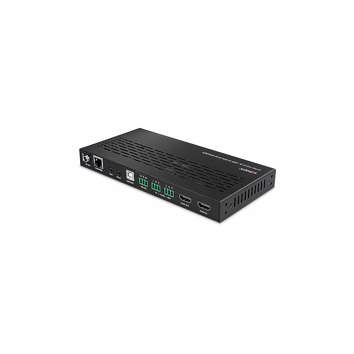 Schwarzer Lindy 4K30 HDMI & USB over IP Encoder. Auf der Vorderseite sind Anschlüsse beschriftet: DC 12V, LAN, USB, HDMI In/Out.