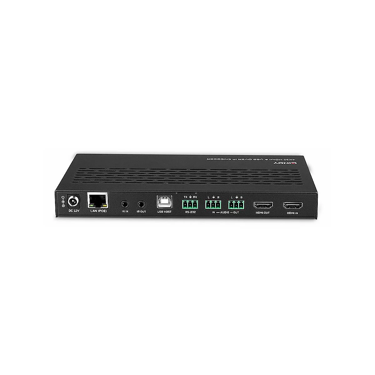 Schwarzer HDMI-Encoder mit verschiedenen Anschlüssen, u. a. LAN, HDMI, USB, und Stromversorgung. Der Encoder ist auf weißem Hintergrund abgebildet.