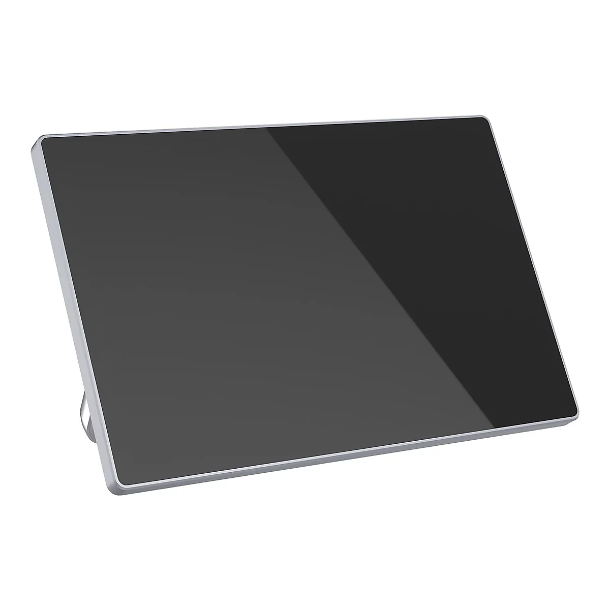 Ein schwarzes Tablet oder Touch-Display mit silbernem Rahmen, schräg von vorne vor weißem Hintergrund.