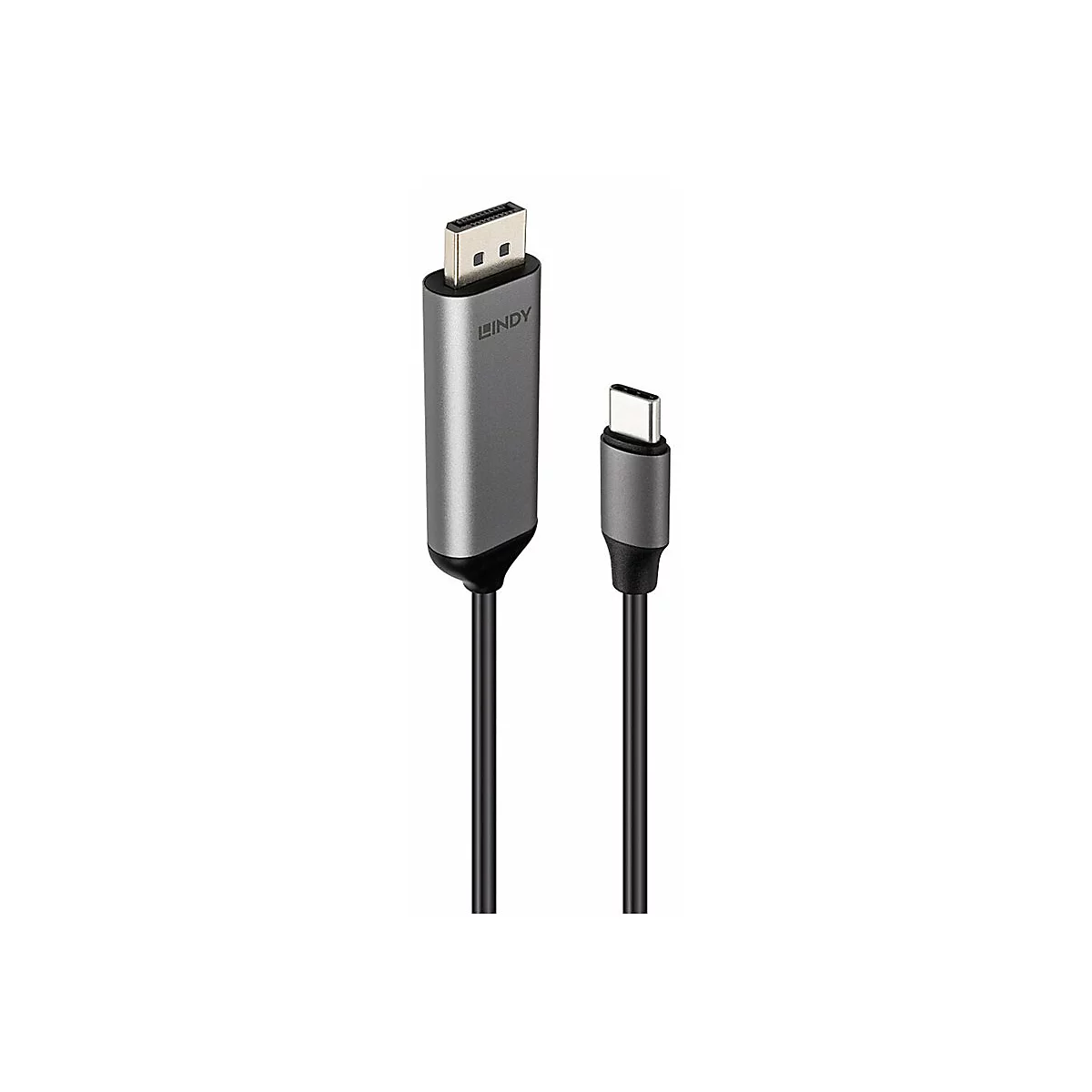 Un câble USB-C vers DisplayPort gris. Le connecteur porte la mention 'LINDY'.