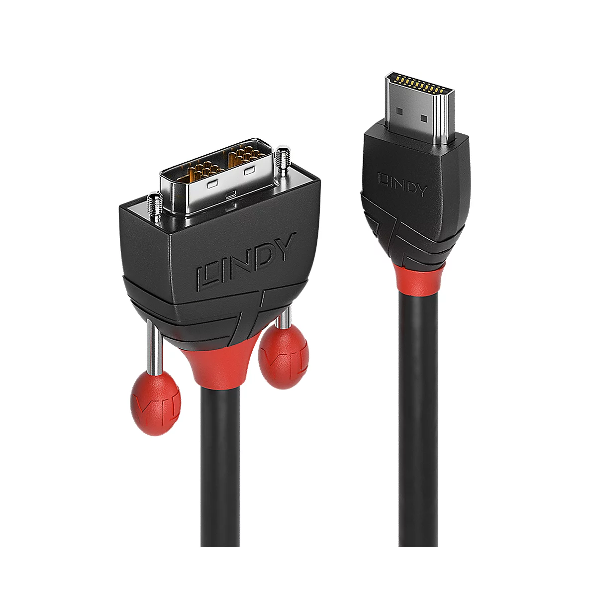 Zwei schwarze LINDY-Kabel mit roten Akzenten. Ein Kabelende ist DVI, das andere HDMI.