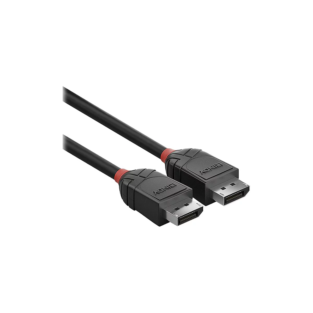 Câble DisplayPort LINDY noir avec des touches de rouge. Les deux extrémités sont visibles en détail.