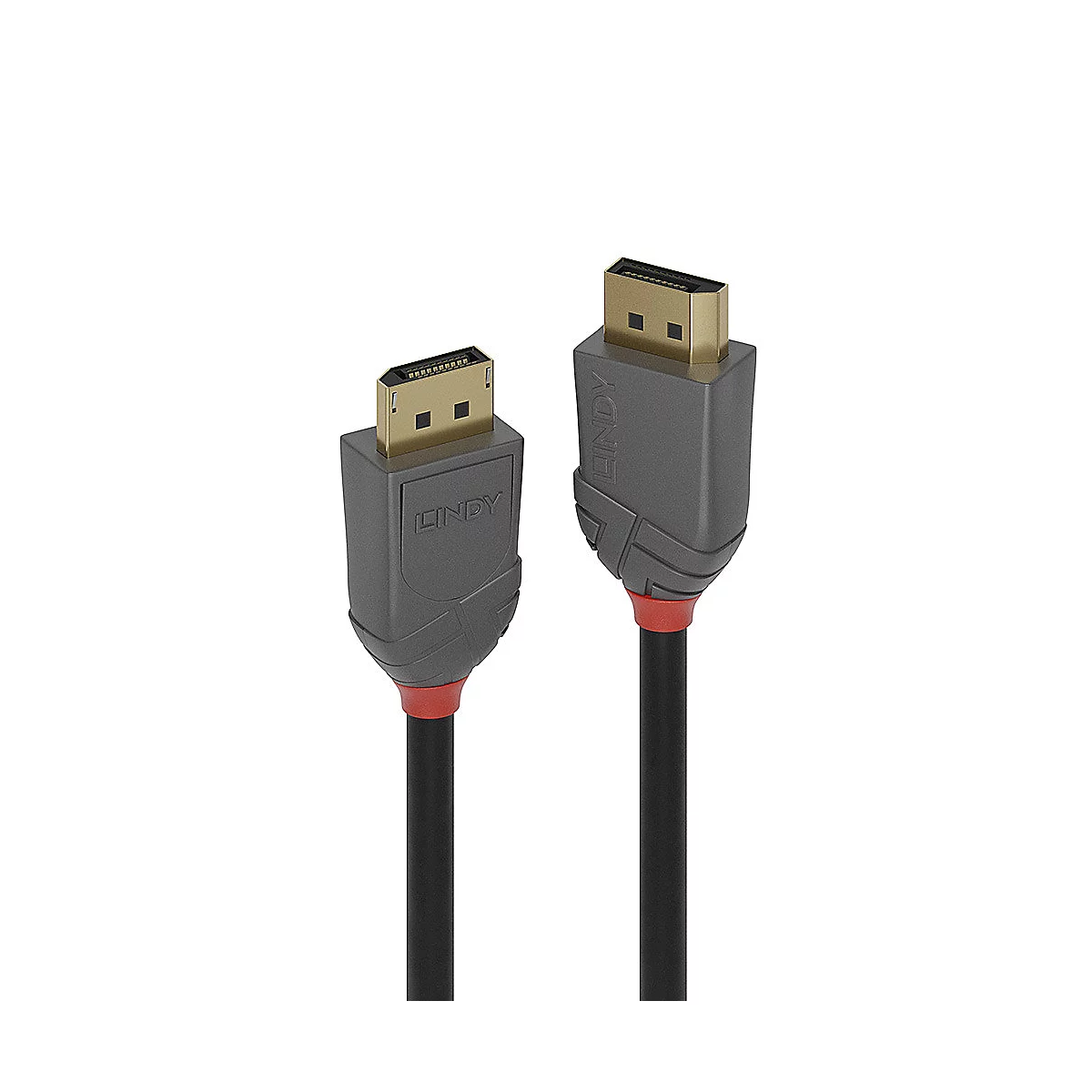 Deux câbles HDMI noirs avec boîtiers gris et une couleur d'accentuation rouge. Le logo LINDY est clairement visible.