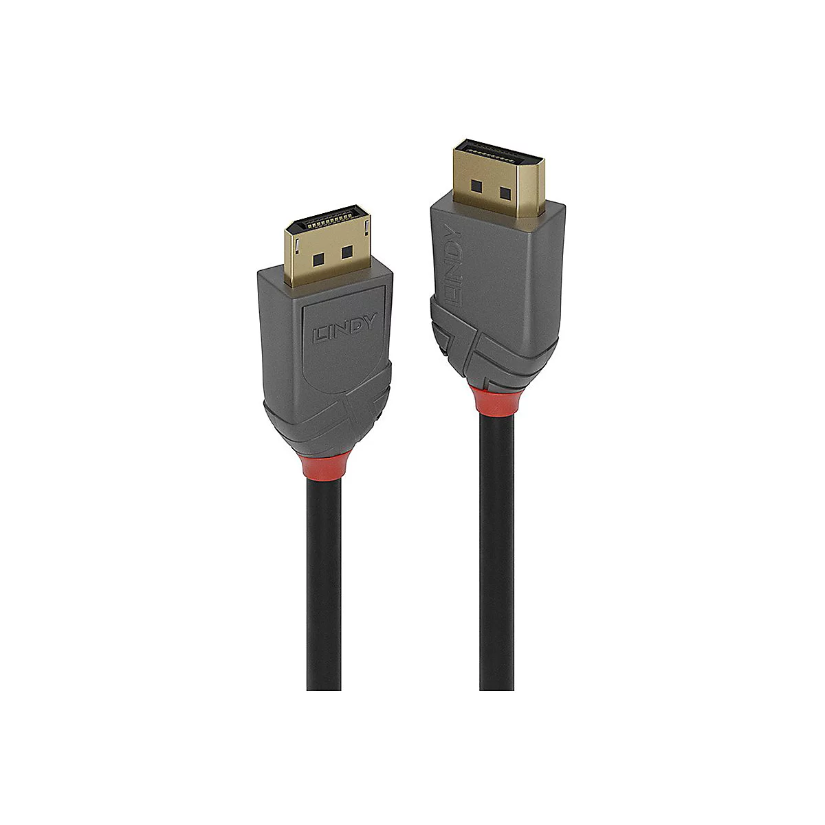 Deux câbles HDMI côte à côte. Câbles noirs avec des connecteurs gris, portant le logo Lindy. Accent rouge à la base du câble.