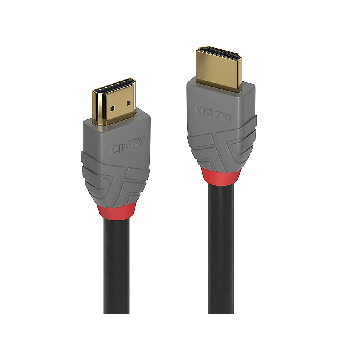 Deux câbles HDMI avec des fiches grises, des accents rouges et des câbles noirs. Une fiche affiche le logo Lindy, l'autre HDMI.