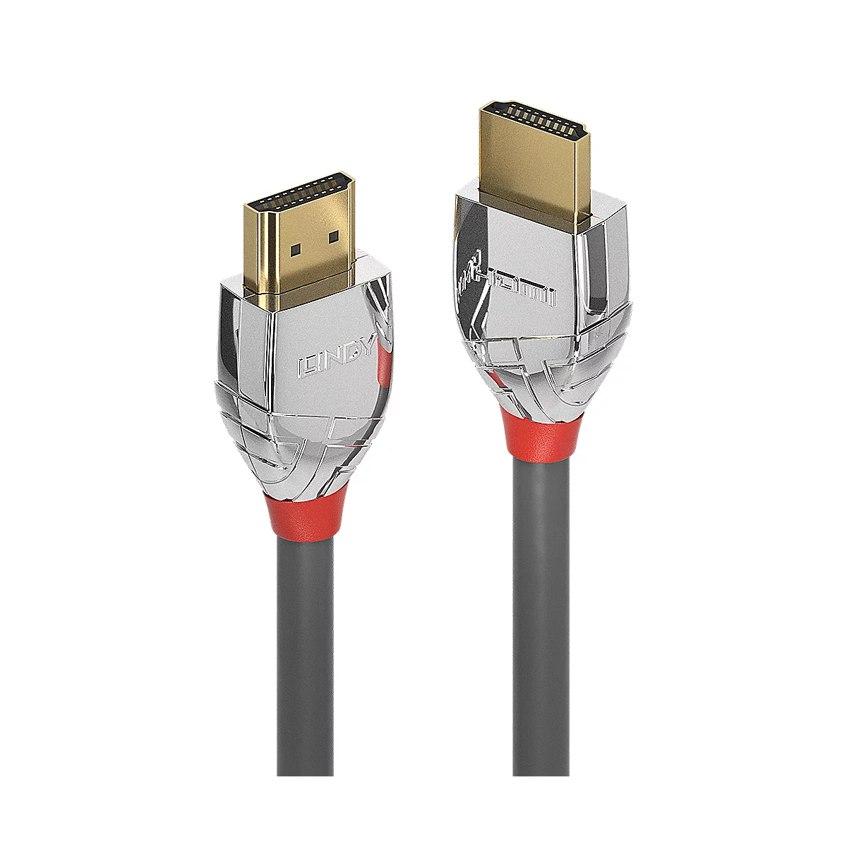 Deux câbles HDMI avec des connecteurs plaqués or. Les câbles ont des boîtiers argentés avec un accent rouge et des câbles gris.