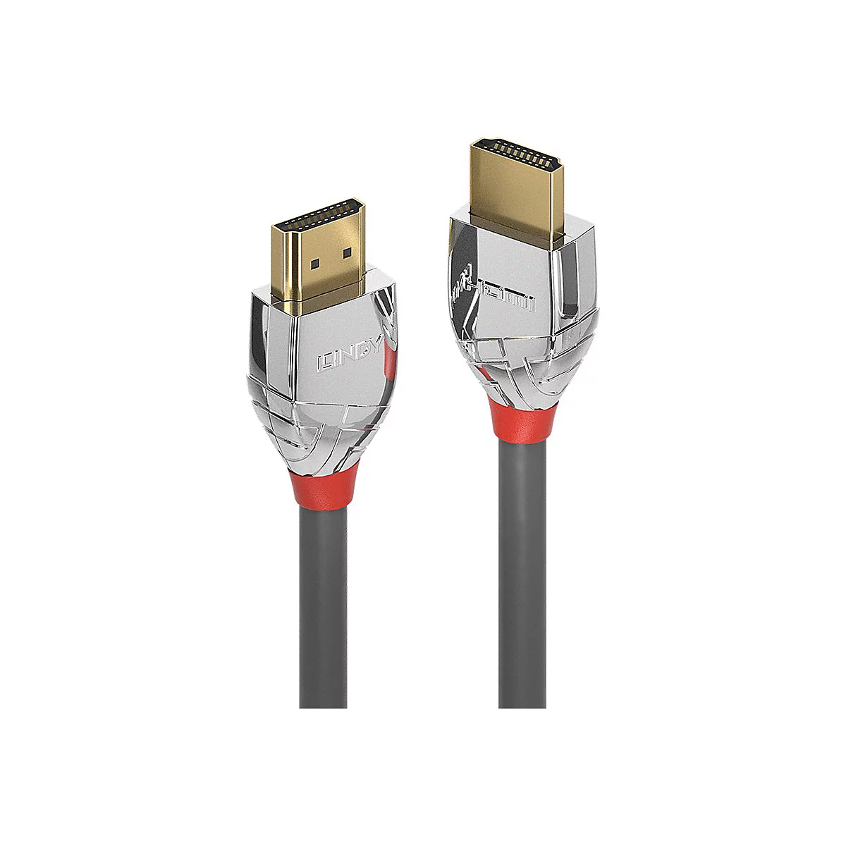 Deux câbles HDMI avec des câbles gris, des connecteurs argentés, des accents rouges et des extrémités dorées. Le nom "LINDY" est visible.
