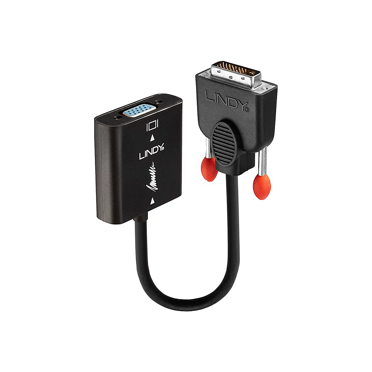 Adaptateur Lindy noir avec connecteur VGA et DVI. Le câble est en forme de U.
