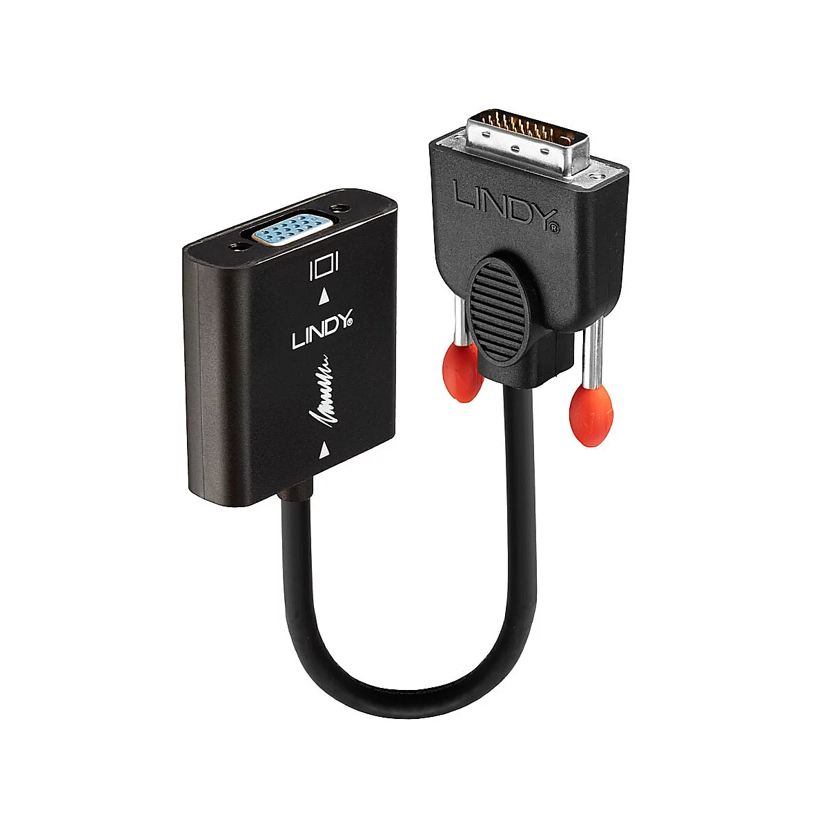 Un adaptateur Lindy noir avec connecteurs DVI et VGA. L'adaptateur porte le logo Lindy et des vis rouges.